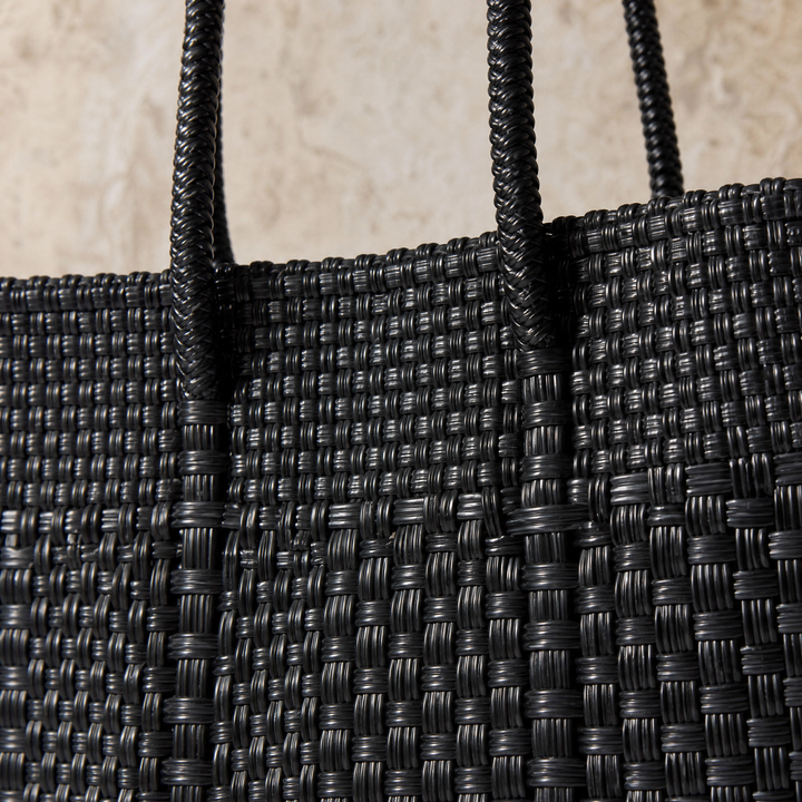 Close-up of handwoven all black Super Tote by Tin Marin