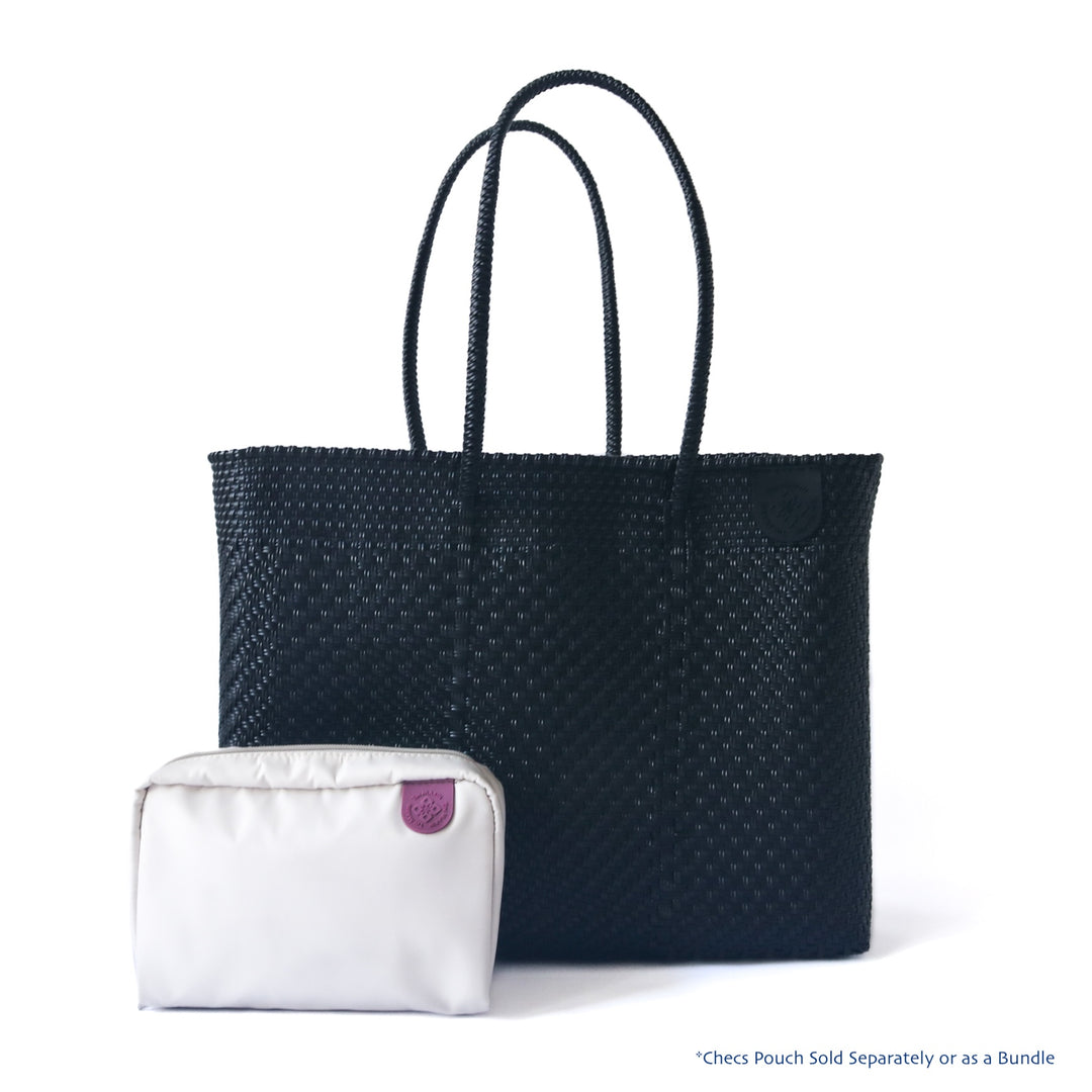 Tin Marin super tote in All Black Design &amp; checs nylon pouch in beige, A black oversized tote bag with a shoulder strap.