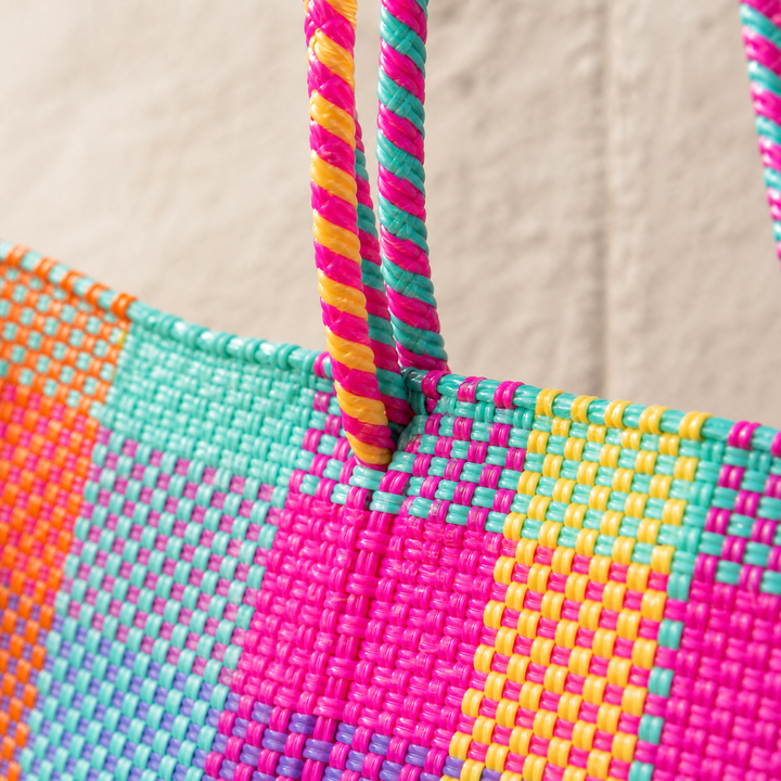 Close-up of handwoven multicolored Fiesta Super Tote by Tin Marin