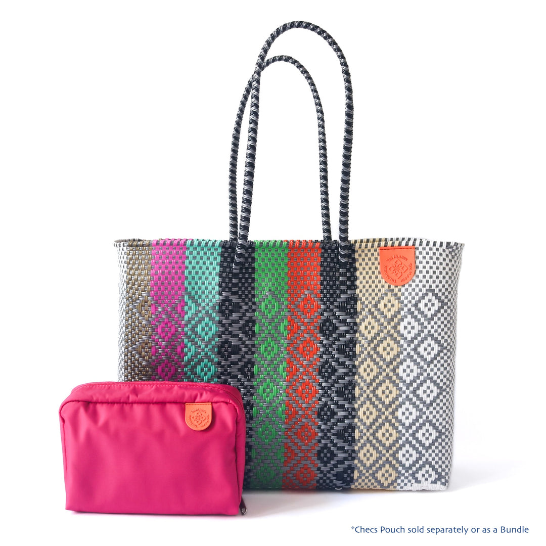 Tin Marin super tote in Maya Design &amp; checs nylon pouch in pink, A multicolor oversized tote bag with a shoulder strap.