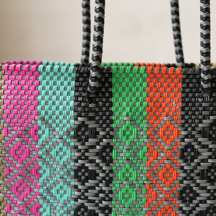 Close-up of handwoven multicolored Maya Super Tote by Tin Marin