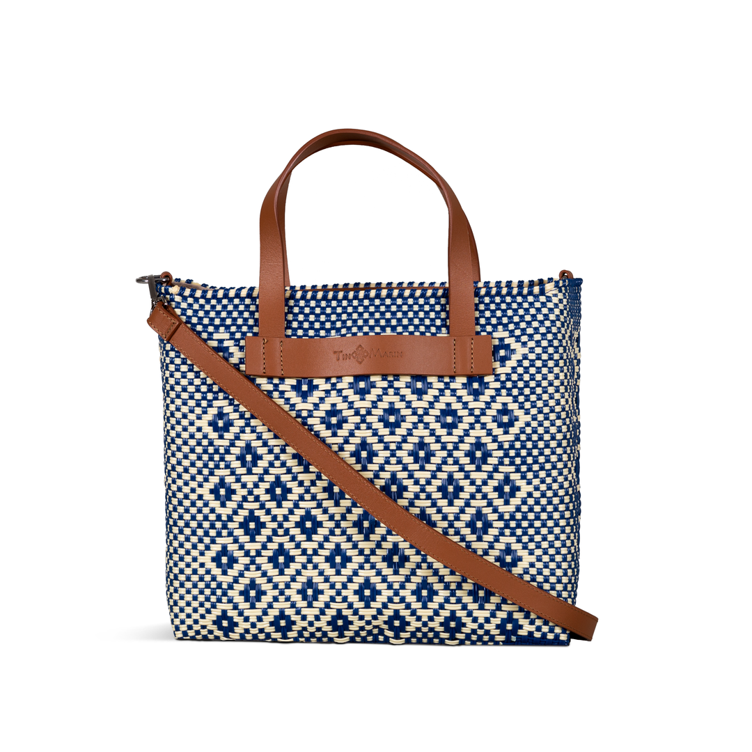 Mixte large woven crossbody bag in beige and blue with tan leather and crossbody strap— handmade from recycled plastic in Mexico by Tin Marin