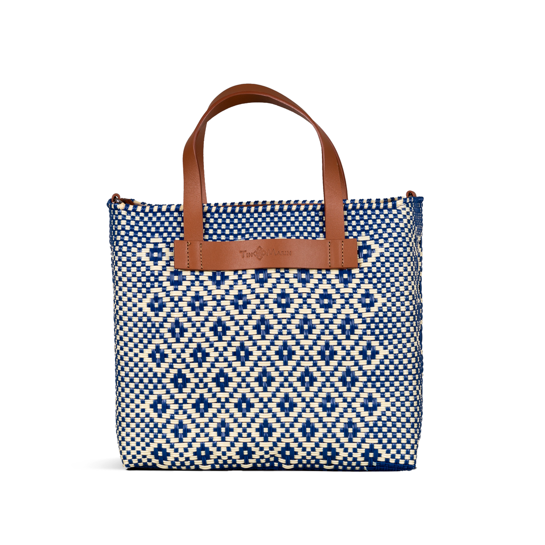 Mixte large woven crossbody bag in beige and blue with tan leather— handmade from recycled plastic in Mexico by Tin Marin
