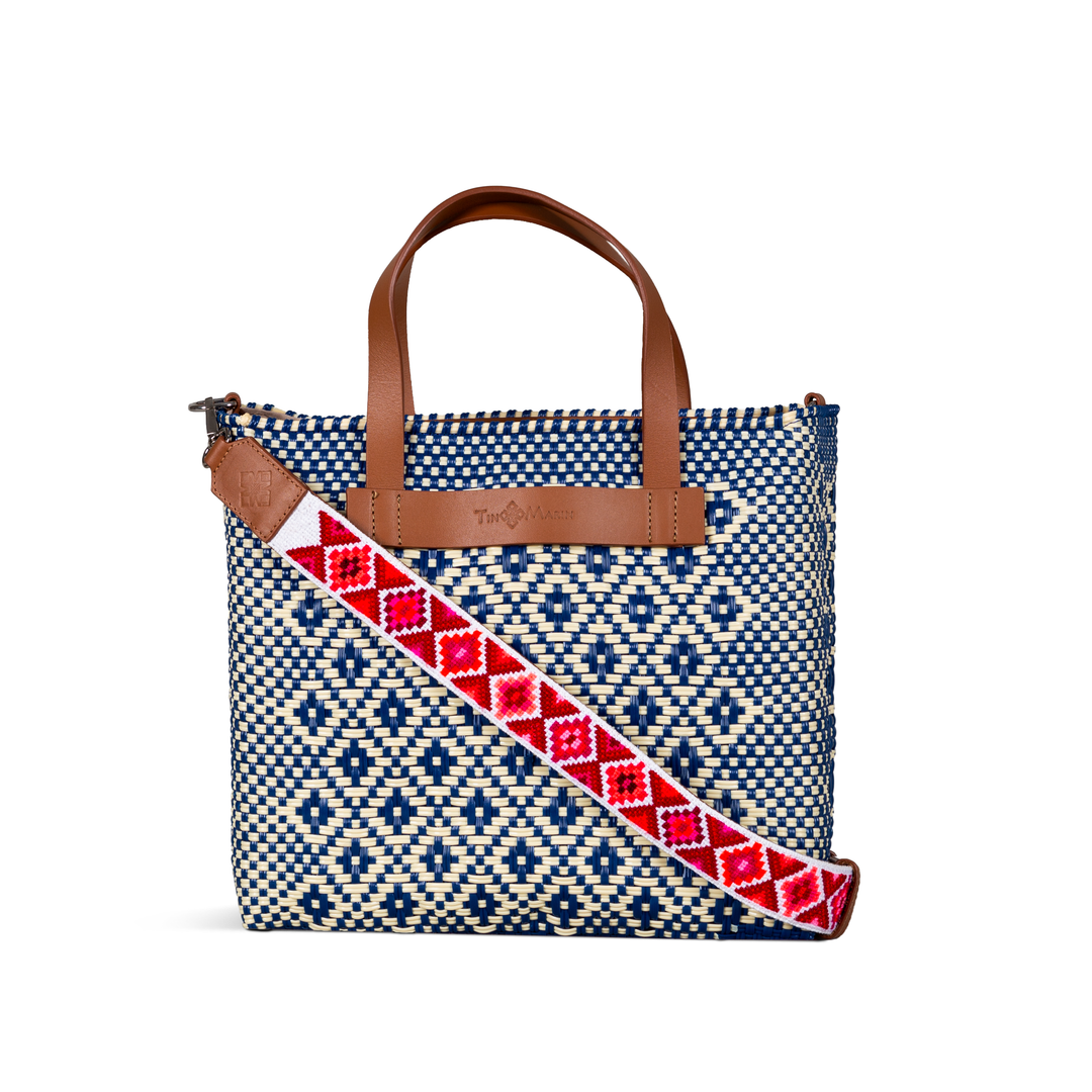 Mixte large woven crossbody bag in beige and blue with tan leather and embroidered mai woven strap— handmade from recycled plastic in Mexico by Tin Marin