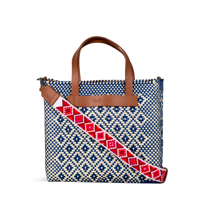 Mixte large woven crossbody bag in beige and blue with tan leather and embroidered mai woven strap— handmade from recycled plastic in Mexico by Tin Marin