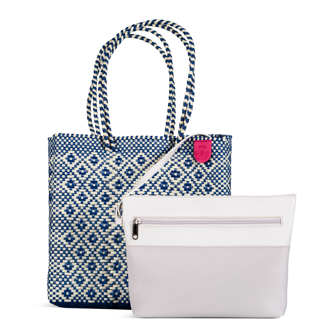 Mixte woven tote in blue and beige with detachable mesh pouch— handmade from recycled plastic in Mexico by Tin Marin