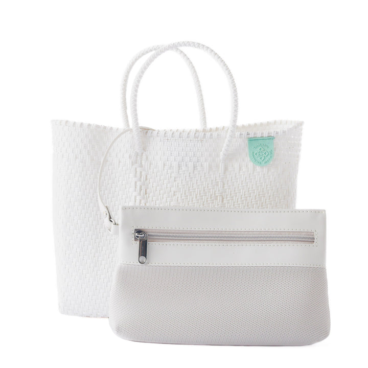 Paloma medium woven crossbody bag in white with detachable mesh pouch— handmade from recycled plastic in Mexico by Tin Marin