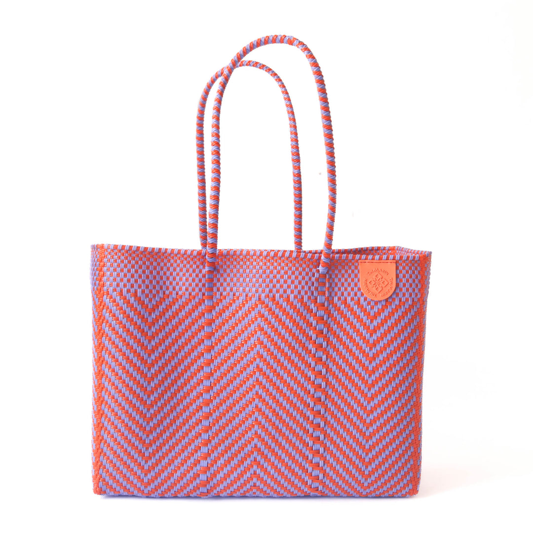 Tin Marin super tote in Positano Design, An orange and purple chevron oversized tote bag with a shoulder strap.