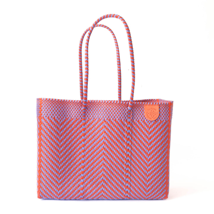 Tin Marin super tote in Positano Design, An orange and purple chevron oversized tote bag with a shoulder strap.