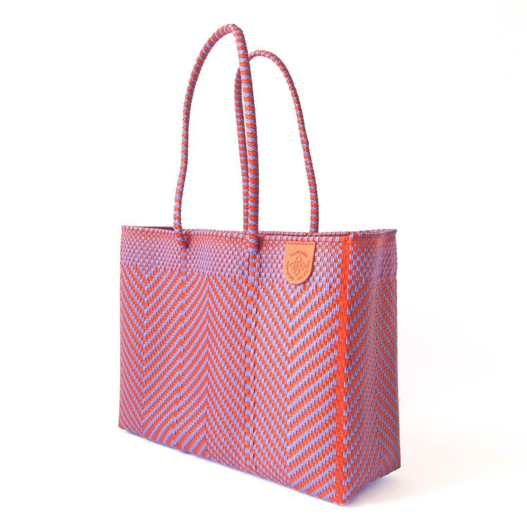 Tin Marin super tote in Positano Design, An orange and purple chevron oversized tote bag with a shoulder strap.