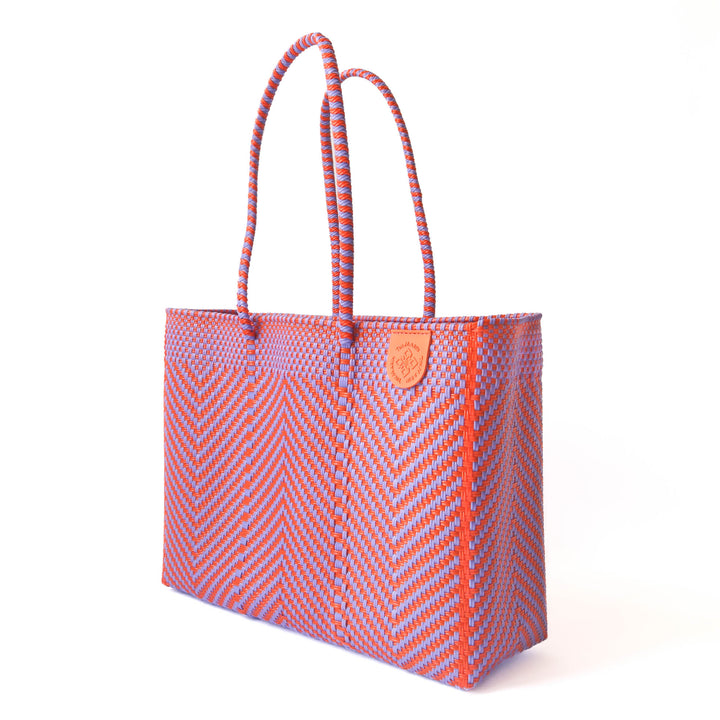 Tin Marin super tote in Positano Design, An orange and purple chevron oversized tote bag with a shoulder strap.