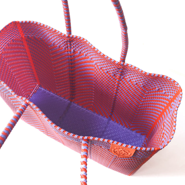 Tin Marin super tote in Positano Design, inside the bag shot. An orange and purple chevron oversized tote bag with a shoulder strap.