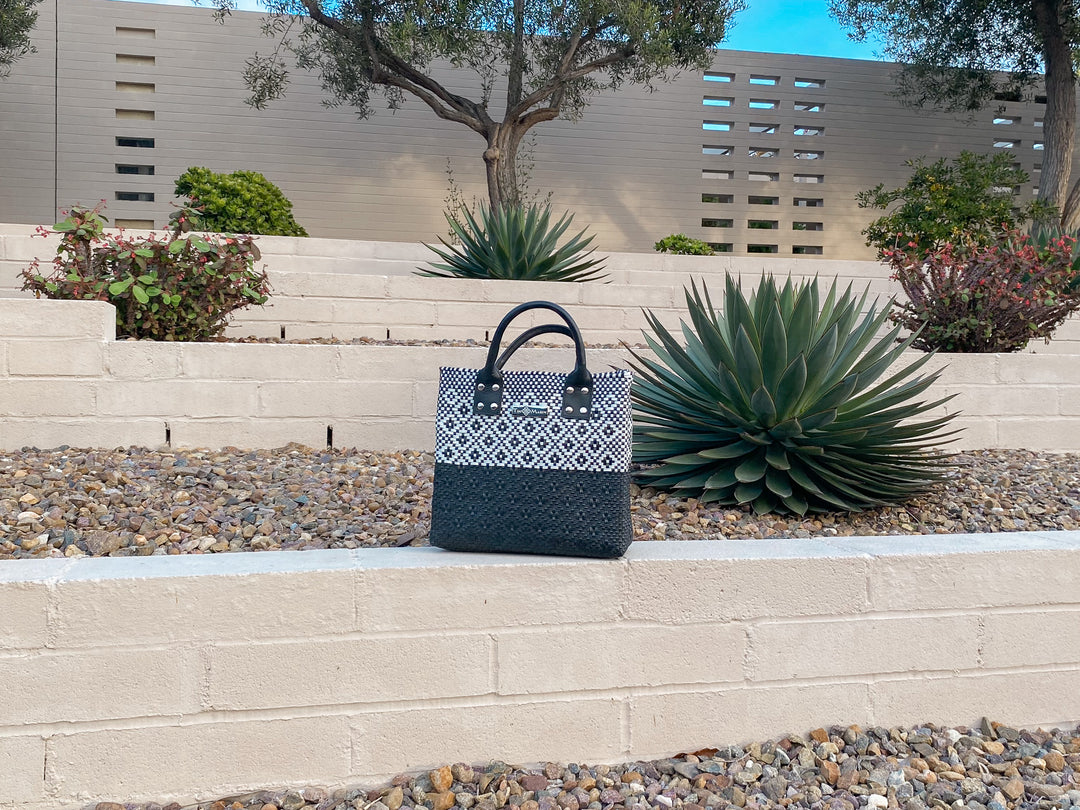 Tin Marin Black large woven crossbody bag in white and black — handmade from recycled plastic in Mexico by Tin Marin