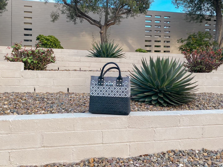 Tin Marin Black large woven crossbody bag in white and black — handmade from recycled plastic in Mexico by Tin Marin