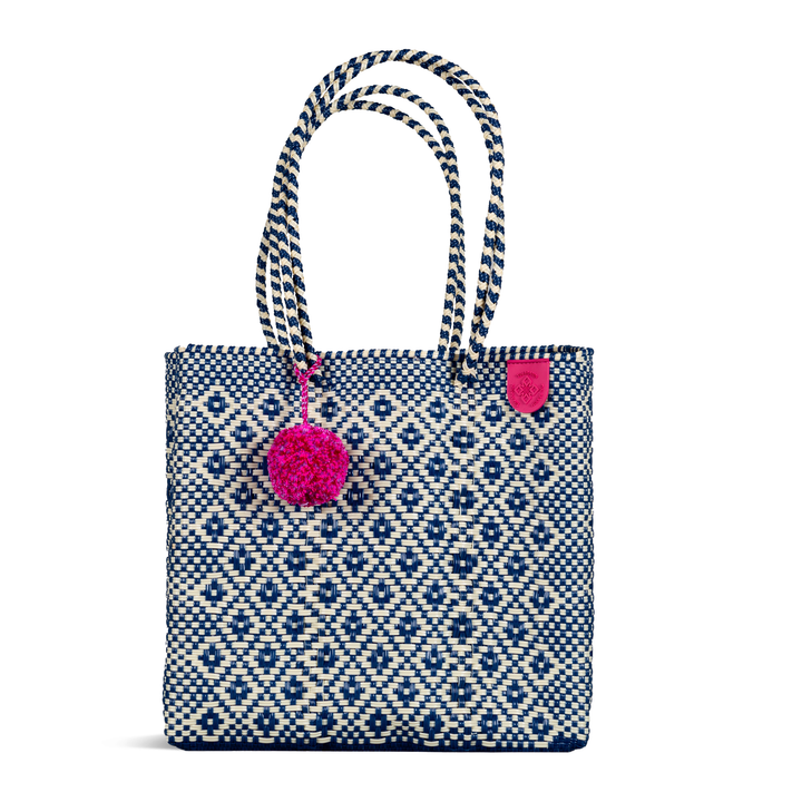 Mixte woven tote in blue and beige— handmade from recycled plastic in Mexico by Tin Marin