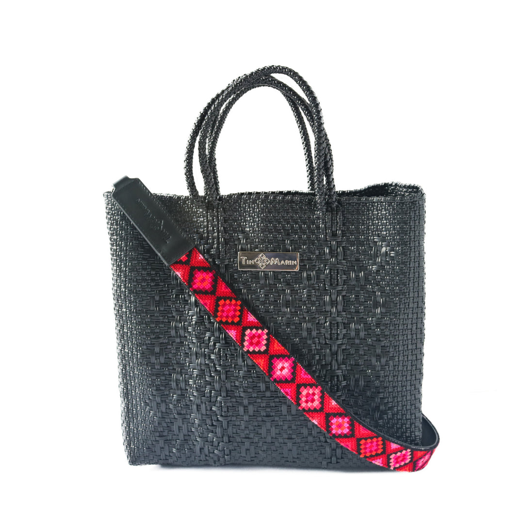 Mai Woven Bag Strap - Poppy with Black Leather