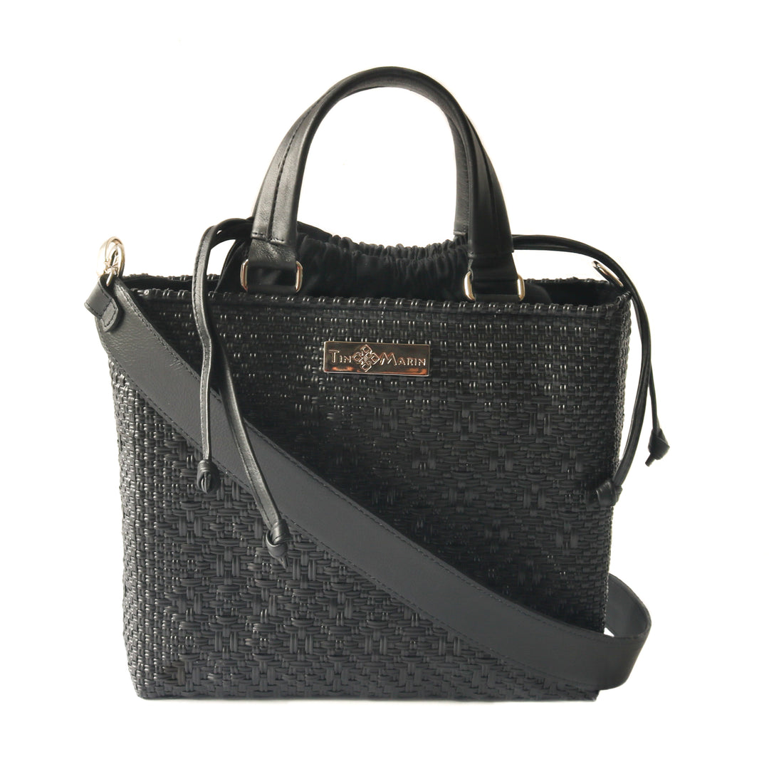 All black woven crossbody drawstring bag — handmade from recycled plastic, Tin Marin