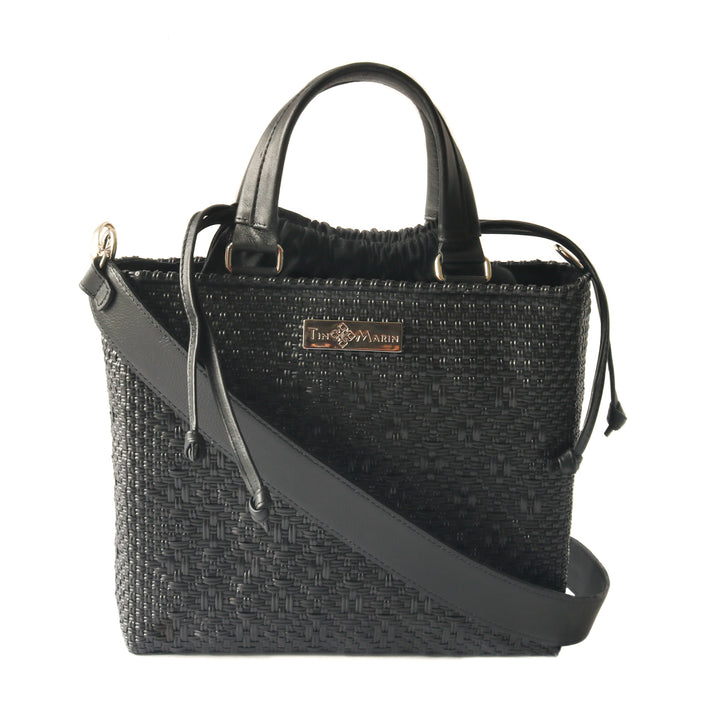 All black woven crossbody drawstring bag — handmade from recycled plastic, Tin Marin
