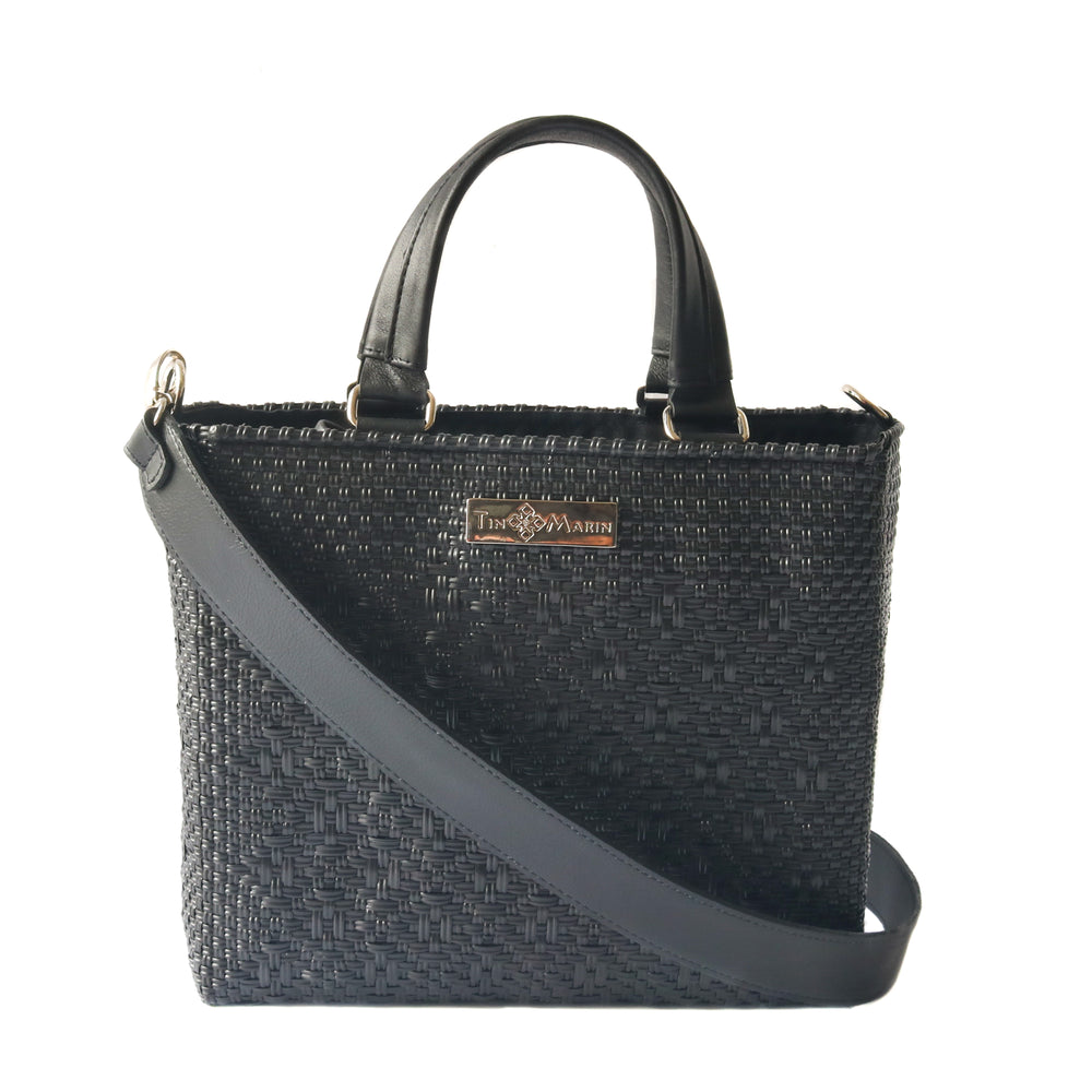 All black woven crossbody drawstring bag — handmade from recycled plastic, Tin Marin