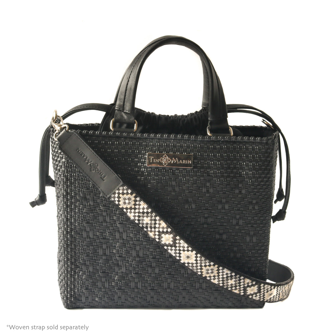 All black woven crossbody drawstring bag with Mai woven strap— handmade from recycled plastic, Tin Marin