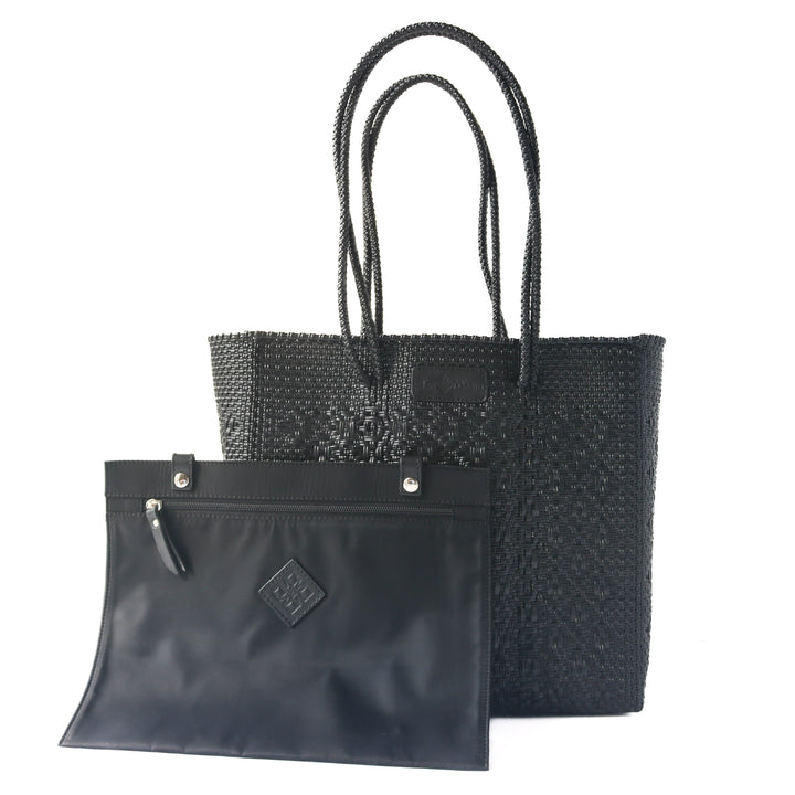 All Black woven tote in black with detachable pouch— handmade from recycled plastic in Mexico by Tin Marin