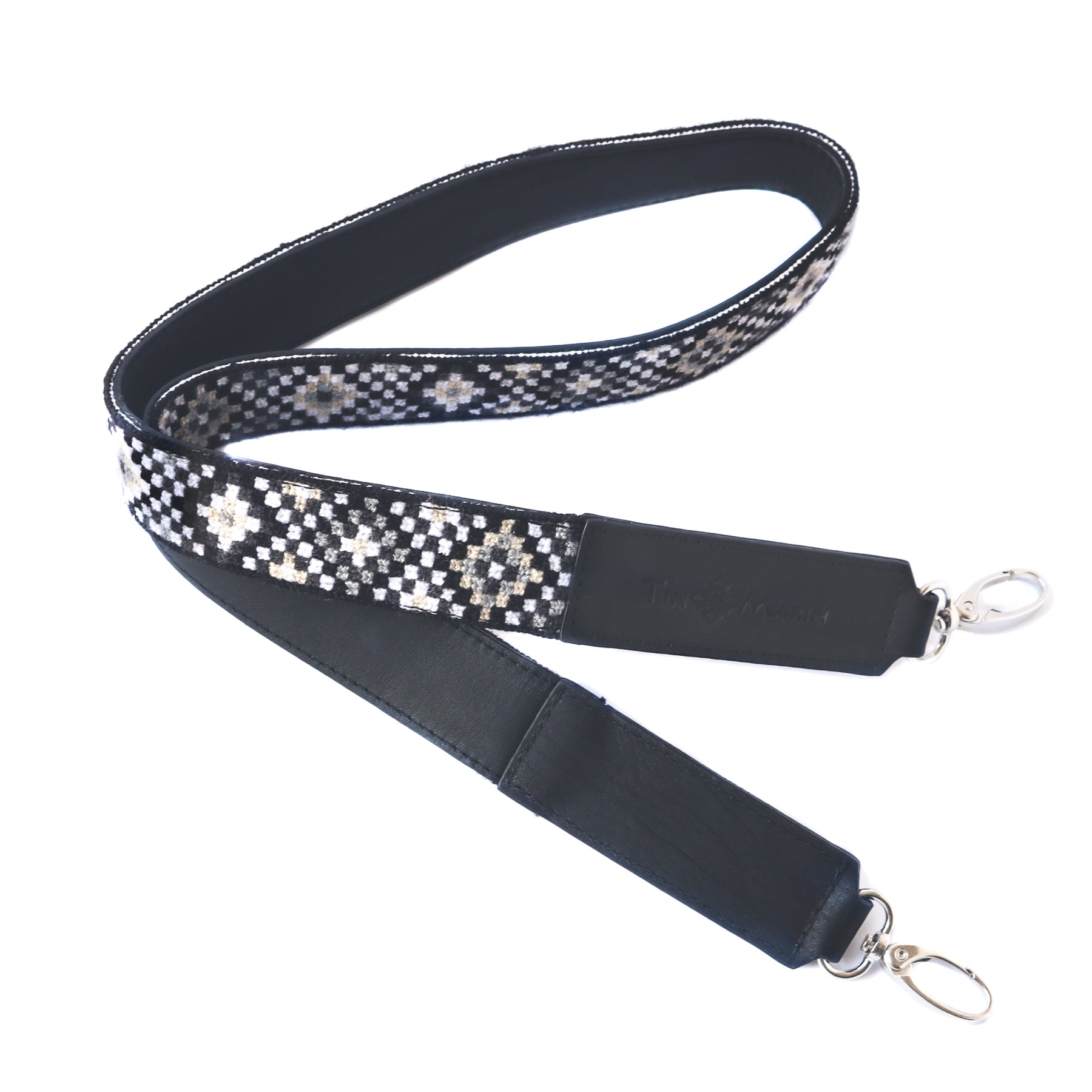 Mai Woven Bag Strap - Black & White with Black Leather | Tin Marin ...