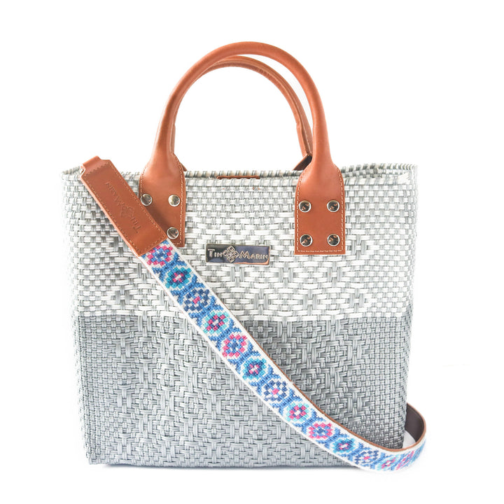 Mai Woven Bag Strap - Blue & Pink with Tan Leather