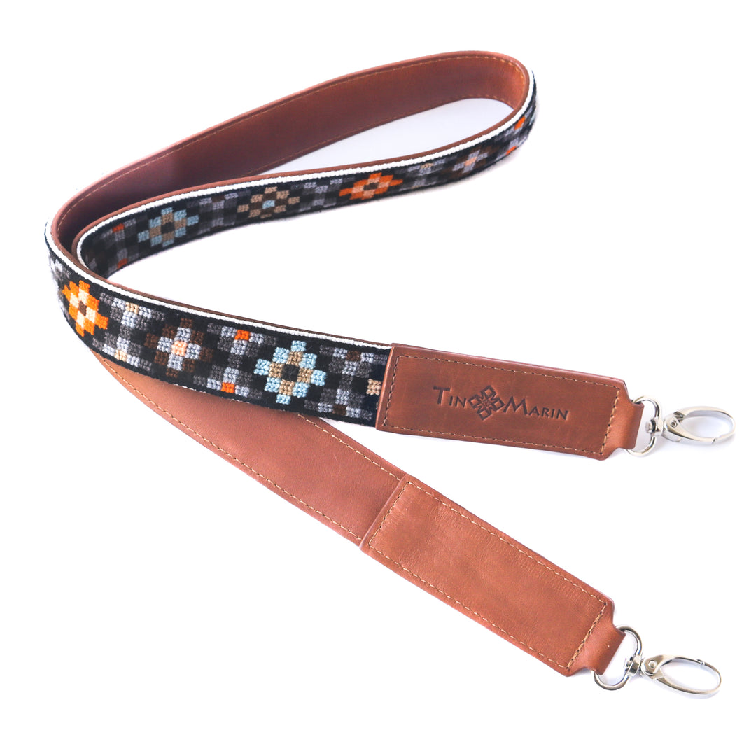 Mai Woven Bag Strap - Brown, orange, blue, and beige with camel leather crossbody woven hand embroidered cross stitch bag strap - Tin Marin Brand - Crossbody strap bag for women - handwoven bags and straps made by artisan communities