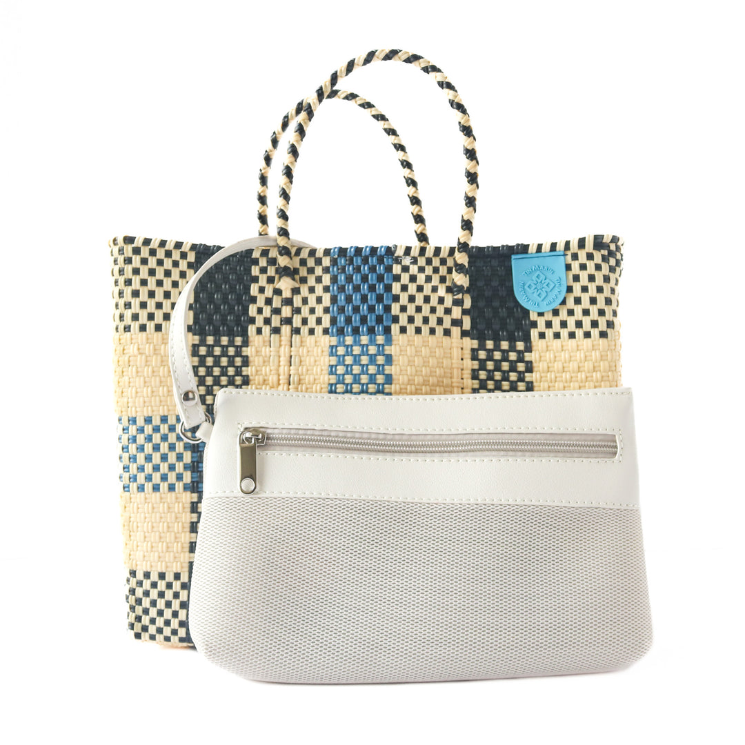 Cabo medium woven crossbody bag in blue, beige and black with detachable mesh pouch— handmade from recycled plastic in Mexico by Tin Marin