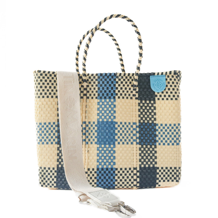 Cabo medium woven crossbody bag in blue, beige and black with cotton webbing strap— handmade from recycled plastic in Mexico by Tin Marin