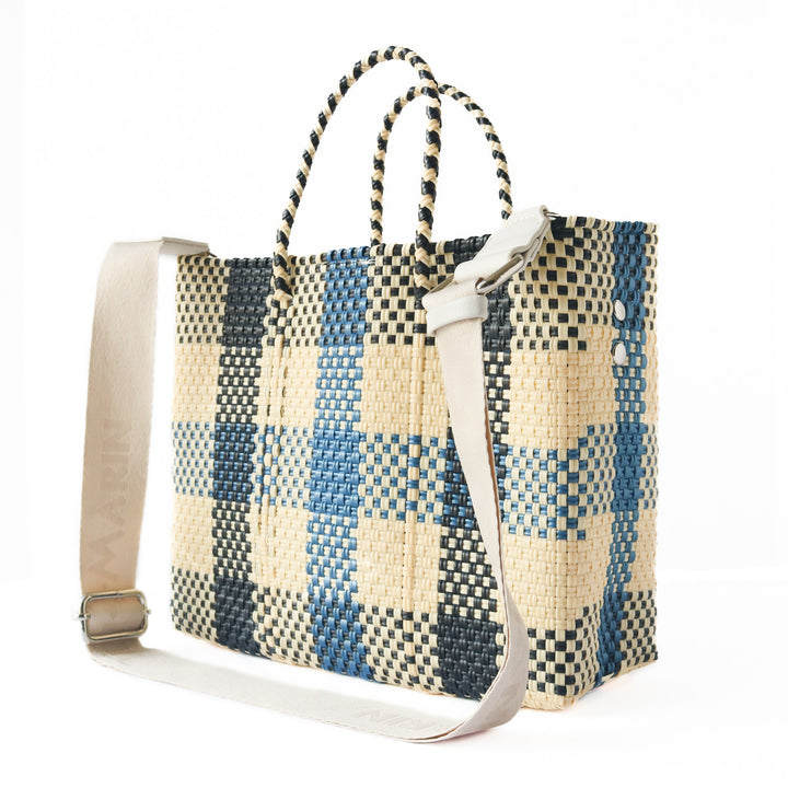 Back view of Cabo medium woven crossbody bag with cotton webbing strap — Tin Marin