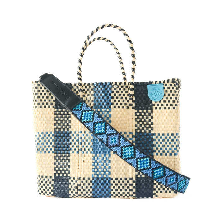 Cabo medium woven crossbody bag in beige, blue and black— handmade from recycled plastic in Mexico by Tin Marin with embroidered mai woven strap