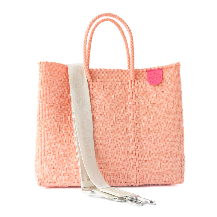 Vallarta medium woven crossbody bag in coral orange with cotton webbing strap— handmade from recycled plastic in Mexico by Tin Marin