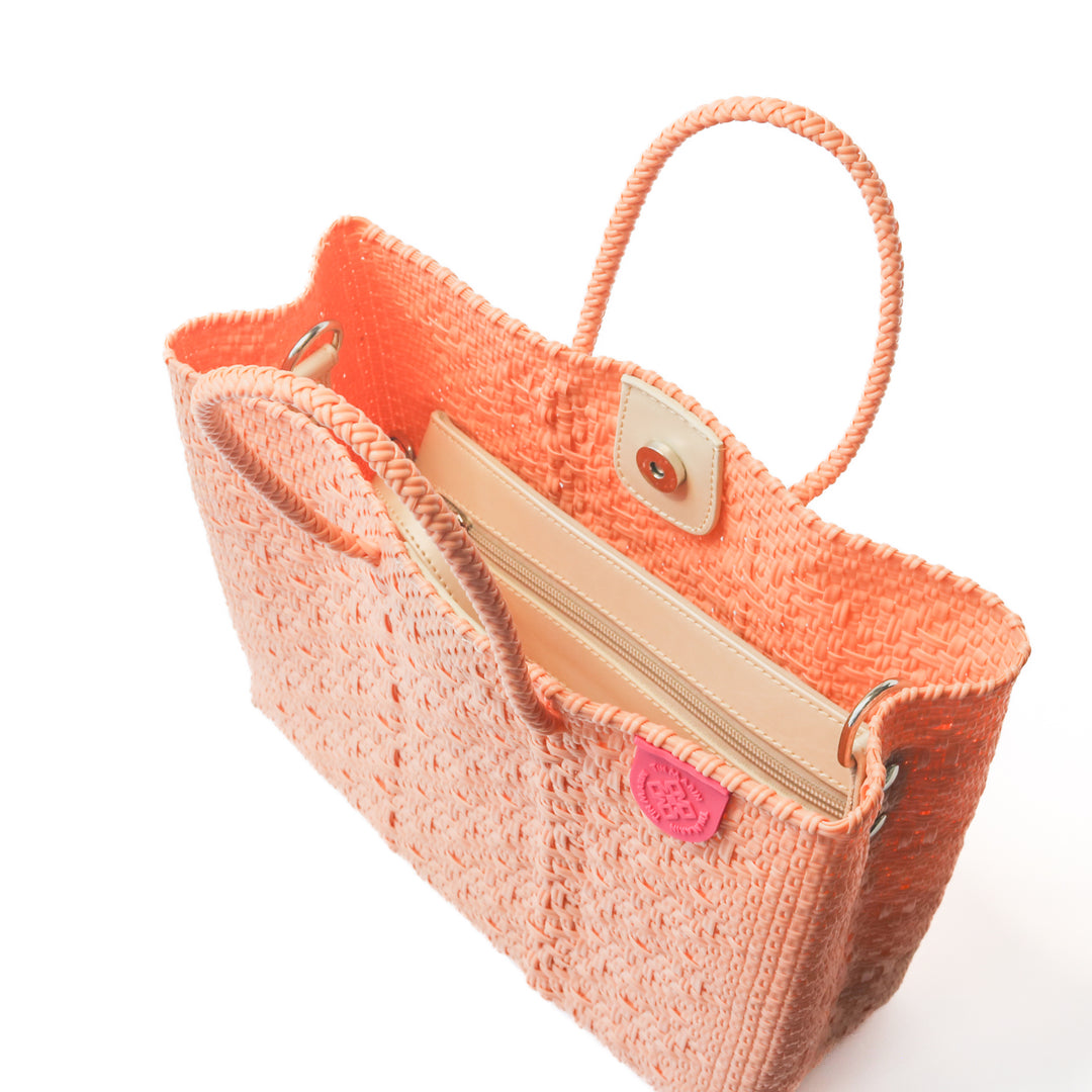 Interior of canarias woven crossbody bag with removable zippered mesh pouch — Tin Marin