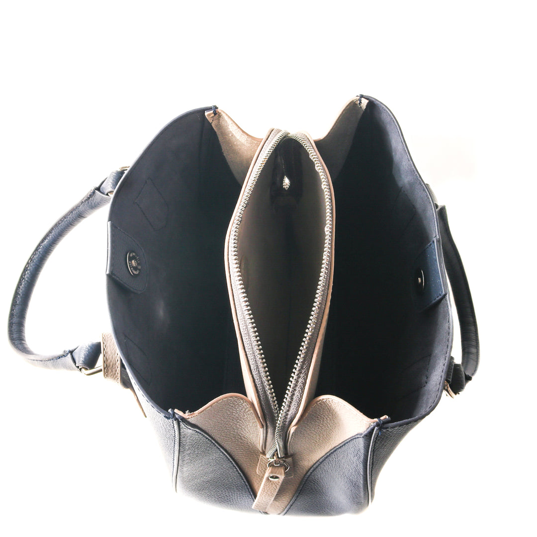 Emma leather satchel, navy blue small crossbody bag, leather bag, crossbody leather bag, leather satchel bag, zipper pocket, color-block bag with keychain