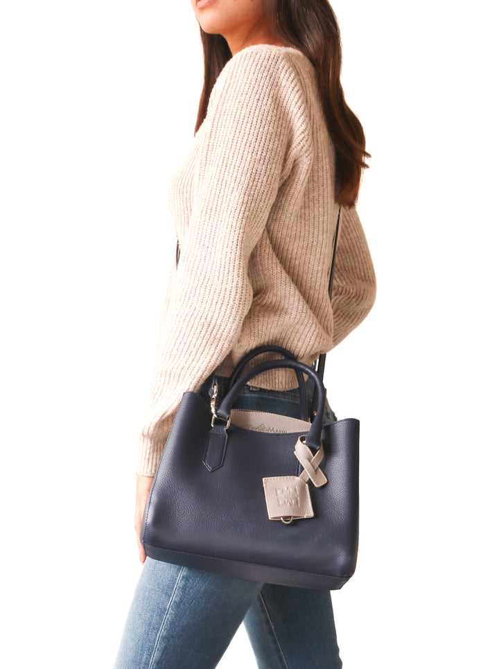 Emma leather satchel, navy blue small crossbody bag, leather bag, crossbody leather bag, leather satchel bag, zipper pocket, color-block bag with keychain