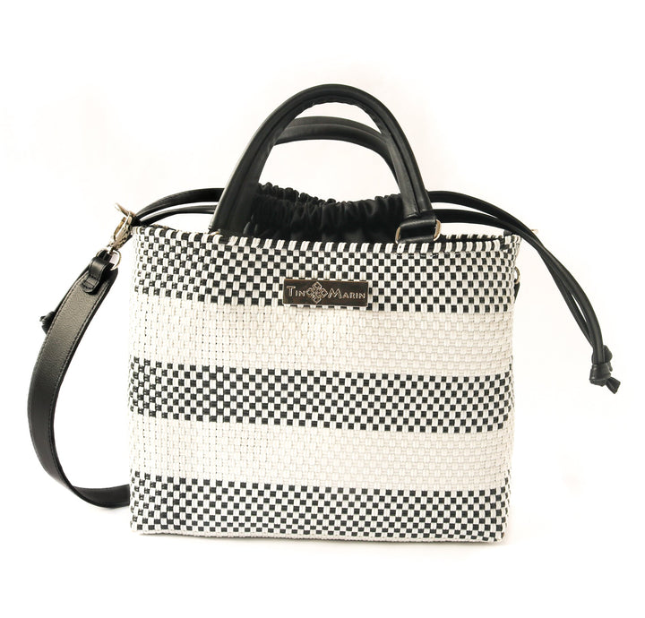 Lolo black and white woven crossbody drawstring bag — handmade from recycled plastic, Tin Marin