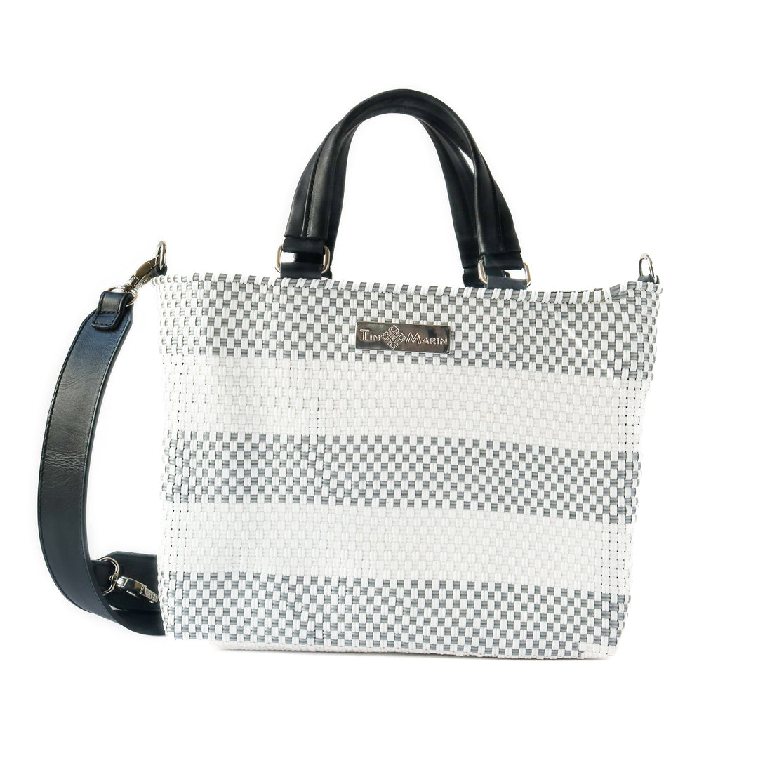 Lolo gray and white woven crossbody drawstring bag — handmade from recycled plastic, Tin Marin