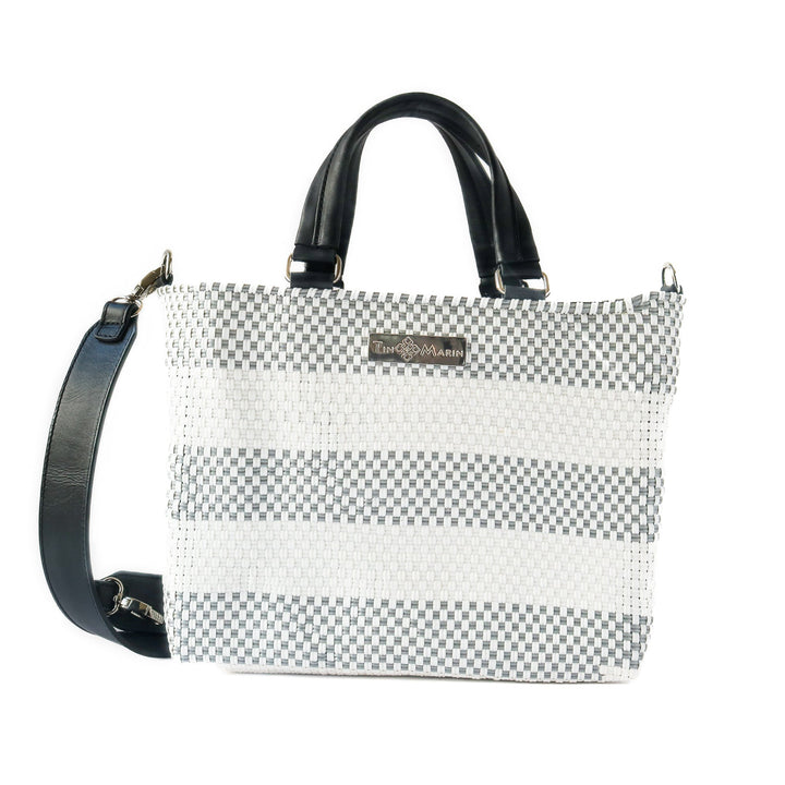 Lolo gray and white woven crossbody drawstring bag — handmade from recycled plastic, Tin Marin