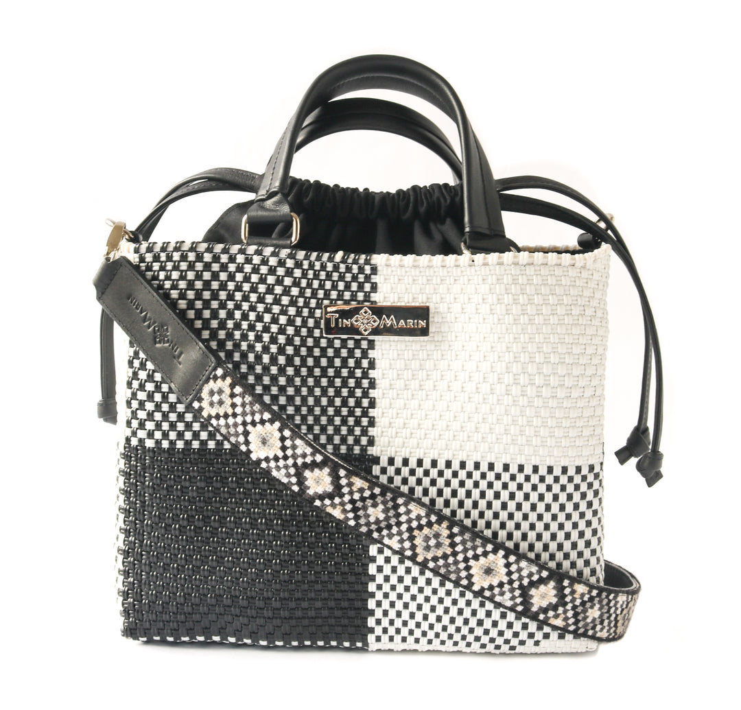 Mai Woven Bag Strap - Black & White with Black Leather