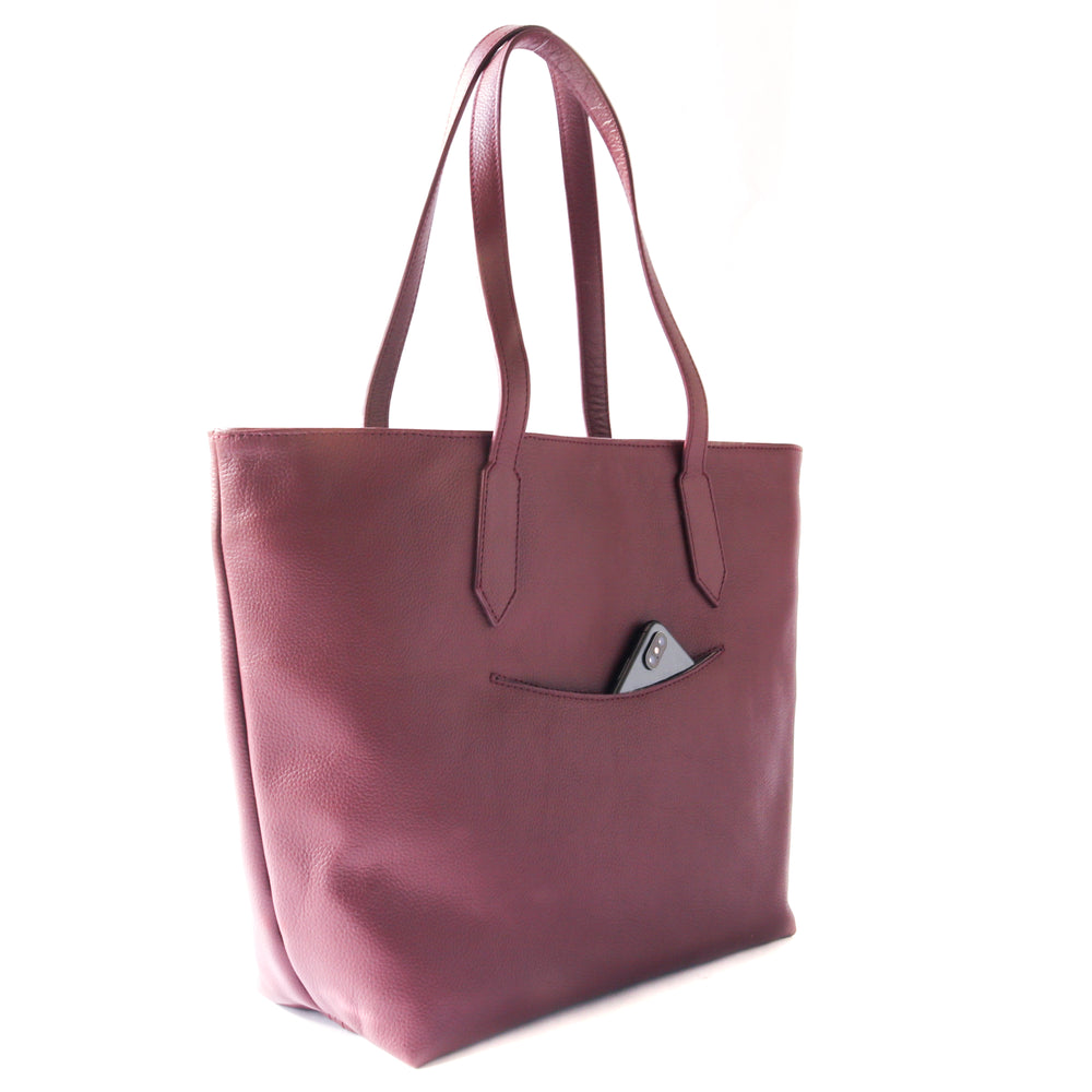 martina leather tote in burgundy color, cherry red leather tote, laptop bag, laptop tote, work bag, travel bag, carry all bag, grained leather, artisan made.
