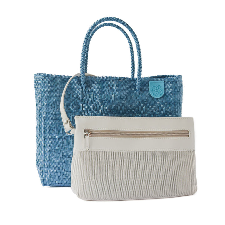 Maui medium woven crossbody bag in blue with detachable mesh pouch— handmade from recycled plastic in Mexico by Tin Marin