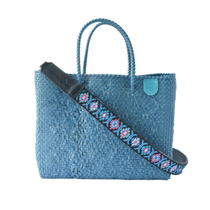 Maui medium woven crossbody bag in blue— handmade from recycled plastic in Mexico by Tin Marin with embroidered mai woven strap