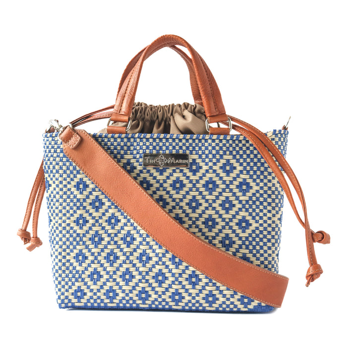 Mixte woven crossbody drawstring bag — blue and beige medium bag with tan leather crossbody handmade from recycled plastic, Tin Marin