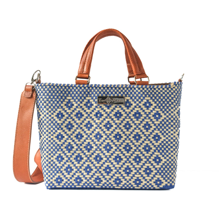 Mixte woven crossbody drawstring bag — blue and beige medium bag with tan leather handmade from recycled plastic, Tin Marin