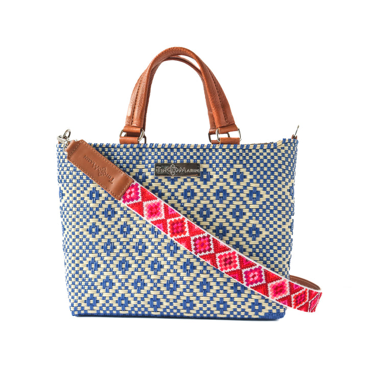Mixte woven crossbody drawstring bag — blue and beige medium bag with mai woven strap handmade from recycled plastic, Tin Marin