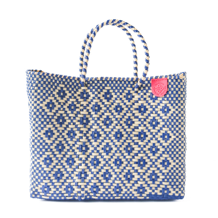 mixte medium woven crossbody bag in blue and beige— handmade from recycled plastic in Mexico by Tin Marin