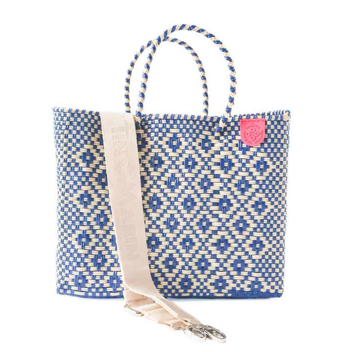 mixte medium woven crossbody bag in blue and beige with cotton webbing strap— handmade from recycled plastic in Mexico by Tin Marin