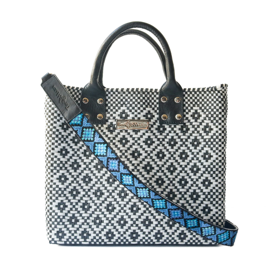Panda large woven crossbody bag in white and black with black leather and embroidered mai woven strap— handmade from recycled plastic in Mexico by Tin Marin