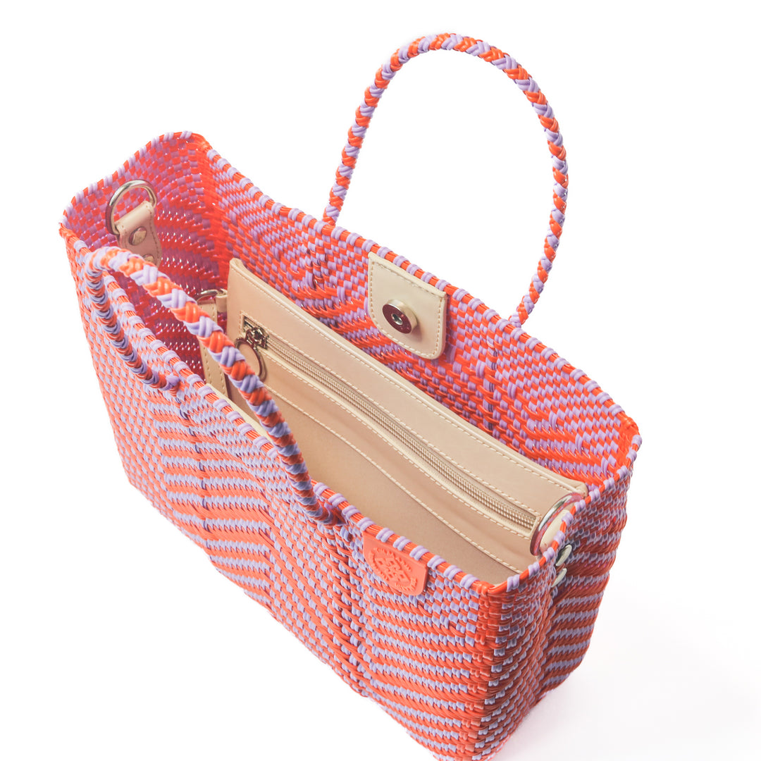 Interior of Positano woven crossbody bag with removable zippered mesh pouch — Tin Marin